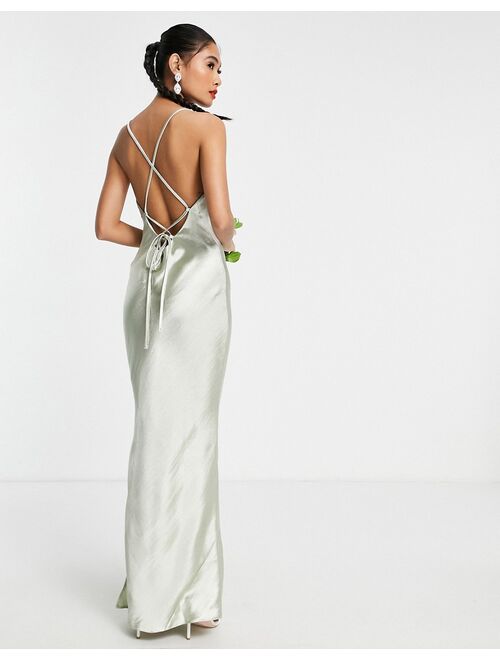 Asos Design Bridesmaid cami maxi slip dress in high shine satin with lace up back in sage