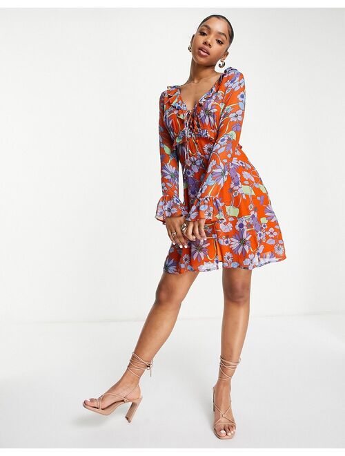 Asos Design button through mini skater dress with frills in bright floral print