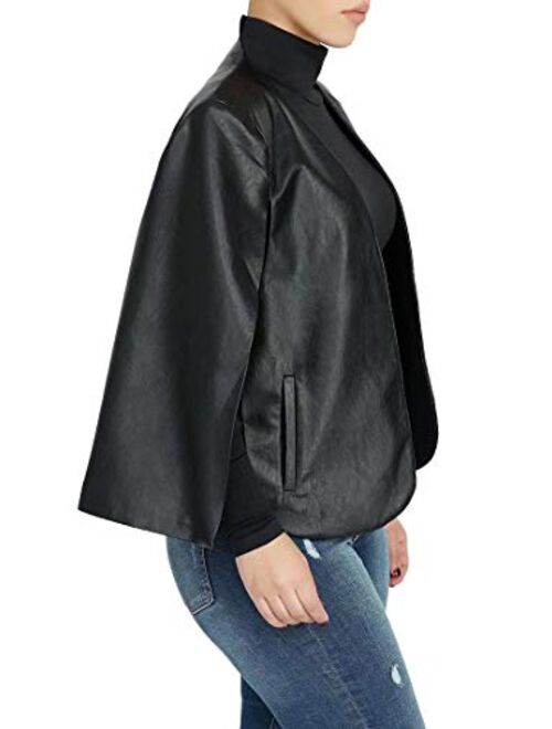 Aro Lora Women's PU Faux Leather Open Front Cape Cloak Poncho Slit Sleeve Short Jacket Coat Blazer