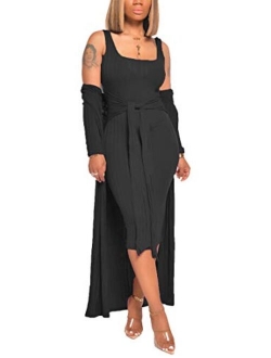 Womens 2 Piece Outfits Open Front Cardigan Tie Knot Tank Bodycon Midi Dress Set Clubwear