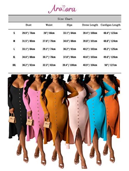 Aro Lora Womens 2 Piece Outfits Open Front Cardigan Tie Knot Tank Bodycon Midi Dress Set Clubwear