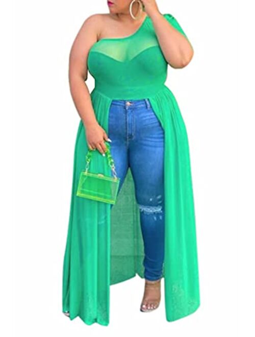 Aro Lora Womens Plus Size One Shoulder Sheer Mesh Slit Sexy Club Party Bodycon Maxi Dress