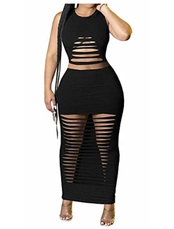 Women's Sexy Round Neck Long Sleeve Cut Out Bodycon Club Two Piece Maxi Dress