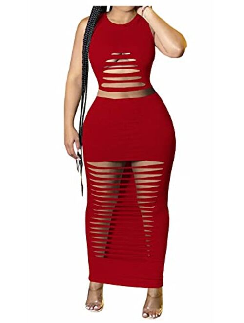Aro Lora Women's Sexy Round Neck Long Sleeve Cut Out Bodycon Club Two Piece Maxi Dress