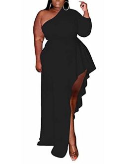 Womens Plus Size Elegant One Shoulder Ruffle Asymmetrical Party Long Maxi Dress