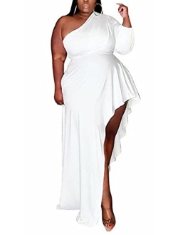 Womens Plus Size Elegant One Shoulder Ruffle Asymmetrical Party Long Maxi Dress