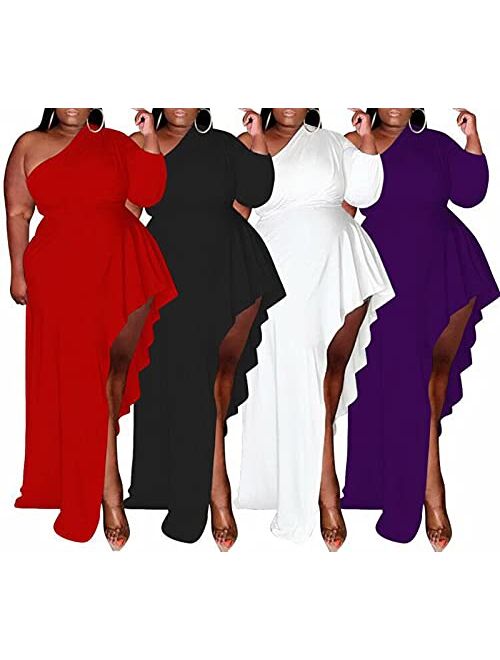 Aro Lora Womens Plus Size Elegant One Shoulder Ruffle Asymmetrical Party Long Maxi Dress