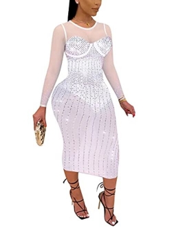 Womens Sexy Glitter Hot Drilling Sheer Mesh See Through Bodycon Long Midi Club Dress