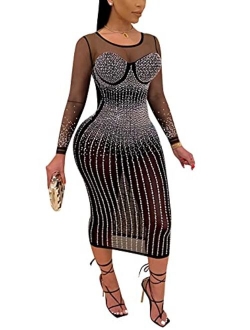 Womens Sexy Glitter Hot Drilling Sheer Mesh See Through Bodycon Long Midi Club Dress