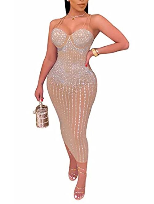 Aro Lora Womens Sexy Glitter Hot Drilling Sheer Mesh See Through Bodycon Long Midi Club Dress