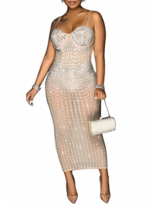 Aro Lora Womens Sexy Glitter Hot Drilling Sheer Mesh See Through Bodycon Long Midi Club Dress