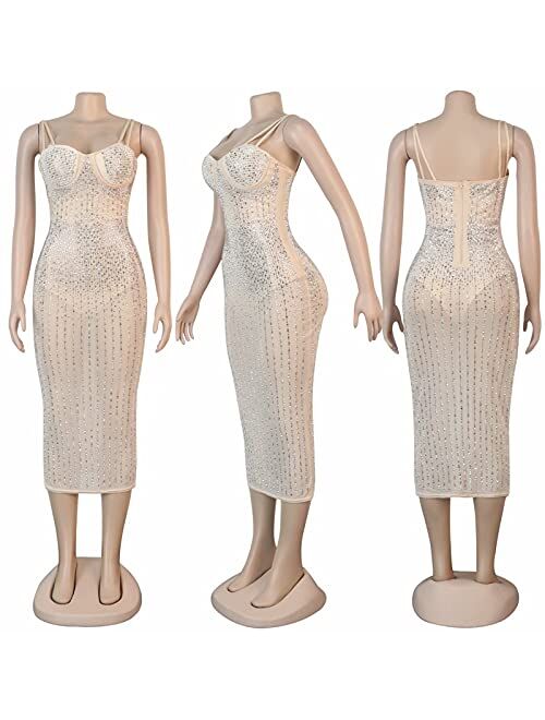 Aro Lora Womens Sexy Glitter Hot Drilling Sheer Mesh See Through Bodycon Long Midi Club Dress