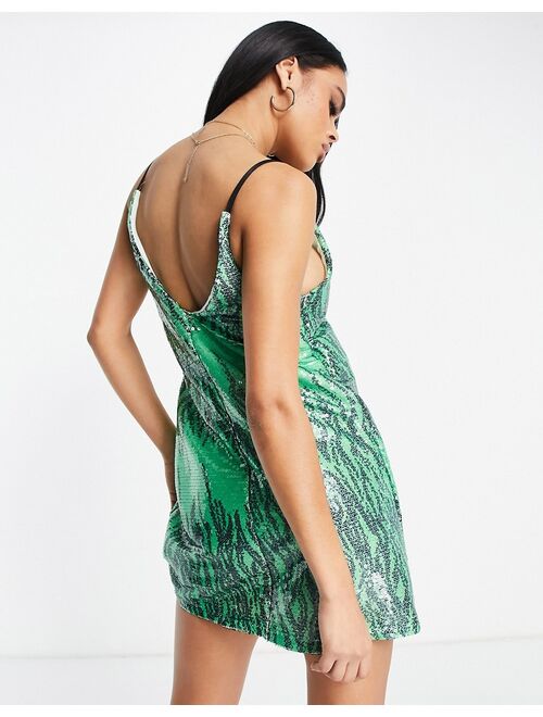 Asos Design mini cami dress in green zebra sequin