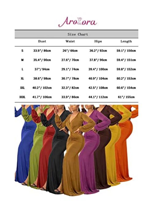 Aro Lora Womens Sexy Deep V Neck Long Sleeve Ruched Wrap Slit Party Evening Bodycon Maxi Dress