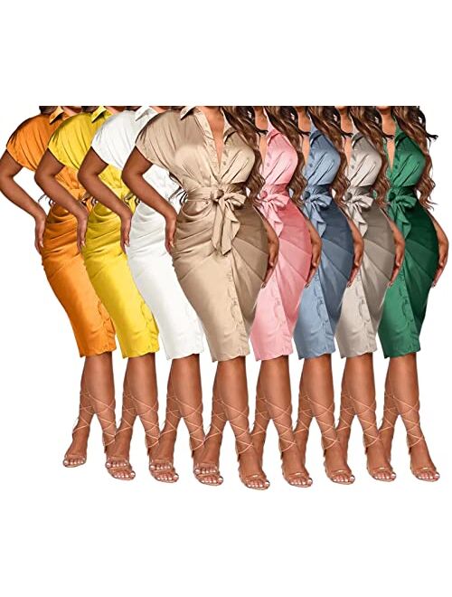Aro Lora Womens Sexy Midi Shirt Dress Button Down Satin Belted Elegant Party Blouse Top Tunic
