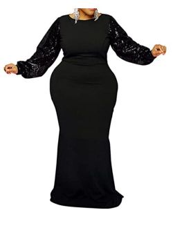 Womens Plus Size Sexy Long Sleeve Sparkly Sequin Party Evening Bodycon Long Maxi Dress