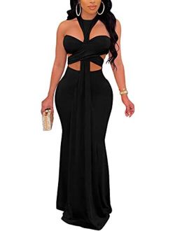 Womens Sexy Elegant Sleeveless Open Back Cutout Long Evening Party Bodycon Maxi Dress