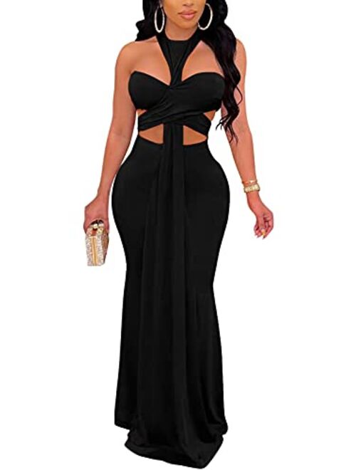 Aro Lora Womens Sexy Elegant Sleeveless Open Back Cutout Long Evening Party Bodycon Maxi Dress