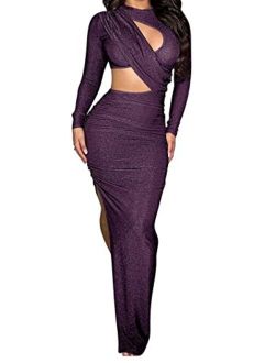 Womens Sexy Long Sleeve Cut Out Side Slit Ruched Glitter Party Club Bodycon Maxi Dress