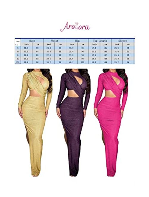 Aro Lora Womens Sexy Long Sleeve Cut Out Side Slit Ruched Glitter Party Club Bodycon Maxi Dress