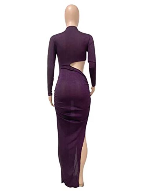 Aro Lora Womens Sexy Long Sleeve Cut Out Side Slit Ruched Glitter Party Club Bodycon Maxi Dress