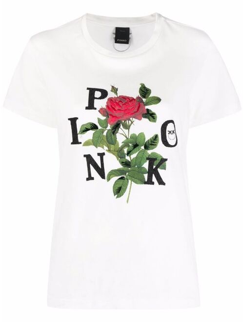 Pinko embellished-logo rose-print T-shirt