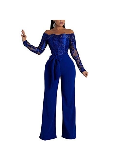 Women's Off Shoulder Jumpsuit Floral Embroidery Lace See Through Wide Leg Romper