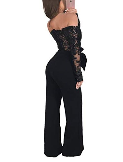 Aro Lora Women's Off Shoulder Jumpsuit Floral Embroidery Lace See Through Wide Leg Romper