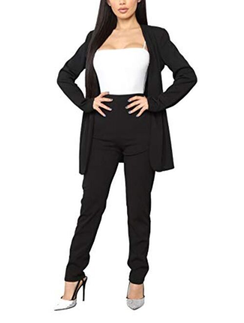 Aro Lora Women's 2 Piece Outfit Casual Solid Open Front Blazer and Pencil Pant Suits Set