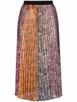 floral-print plisse pleated midi skirt
