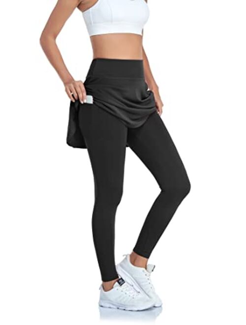 WOWENY Tennis Skirted Leggings with Pockets for Women Warm Themal Golf Skapri Fleece Lined Leggings with Skirt