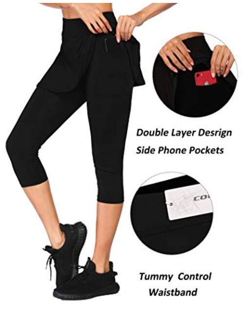 COOrun Women's Skirted Leggings Capris Quick-Dry Tenis Skort with Pockets Yoga Cropped Pants