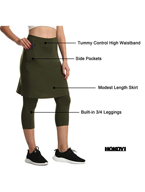 HOKOYI Women's Modest Skirted Capri Pants with 2 Pockets Workout Knee Length Skort Cropped Leggings
