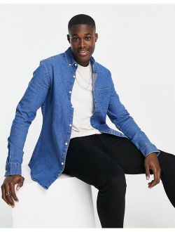stretch slim denim shirt in mid wash blue