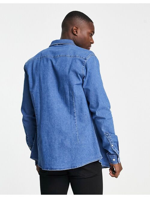 Asos Design stretch slim denim shirt in mid wash blue