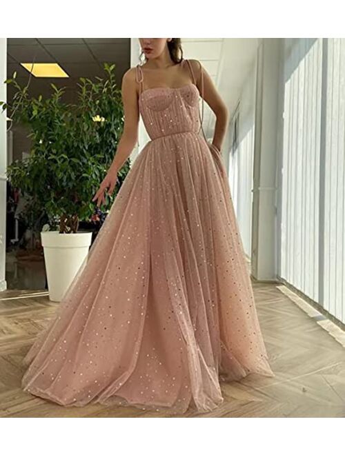 Marsen Starry Tulle Puffy Sleeve Prom Dress Long with Slit Sparkle V Neck Ball Gown A Line Formal Evening Gowns