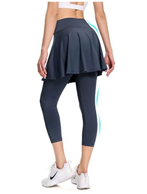 Skirted Leggings for Women with Pockets Athletic Tennis Skirt with Leggings Workout Capri Leggings Running Yoga Pants