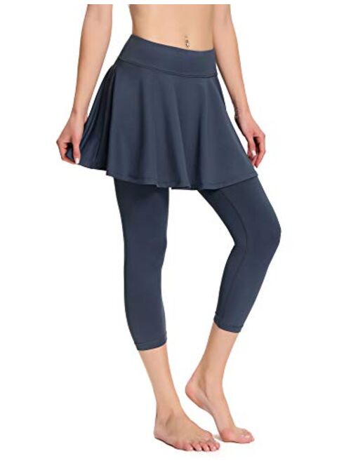 Skirted Leggings for Women with Pockets Athletic Tennis Skirt with Leggings Workout Capri Leggings Running Yoga Pants