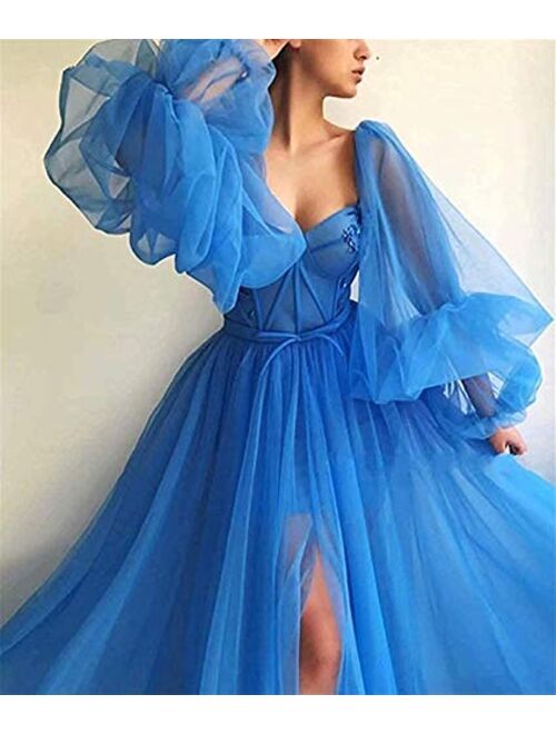 Tianzhihe Tulle Puffy Sleeve Prom Dress with Split Sweetheart Long Evening Party Formal Gown
