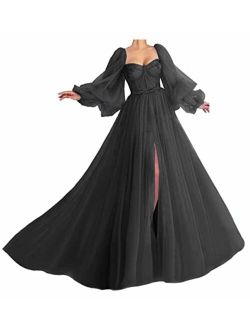 RYANTH Puffy Sleeve Prom for Women Long Sweetheart Tulle Ball Gown Slit Formal Evening Dresses RY50