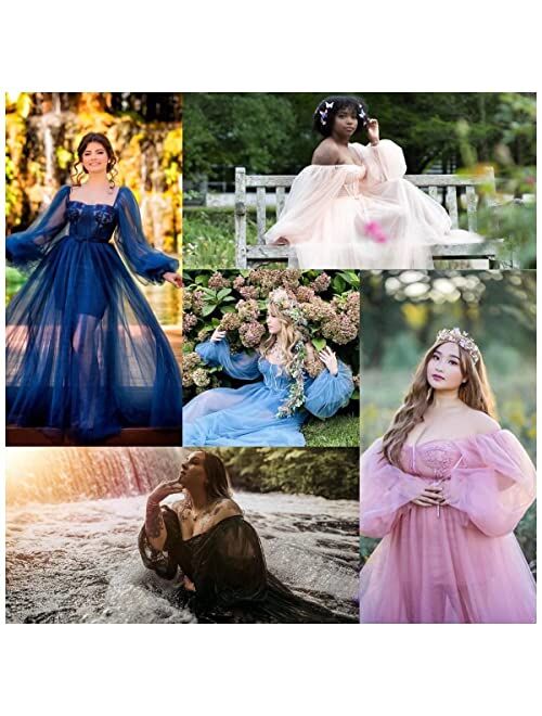 RYANTH Puffy Sleeve Prom for Women Long Sweetheart Tulle Ball Gown Slit Formal Evening Dresses RY50
