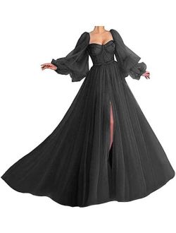 Yoyohck Puffy Sleeves Tulle Prom Dress Princess Ball Gown for Women Formal with Slit Formal Evening Gowns 2021