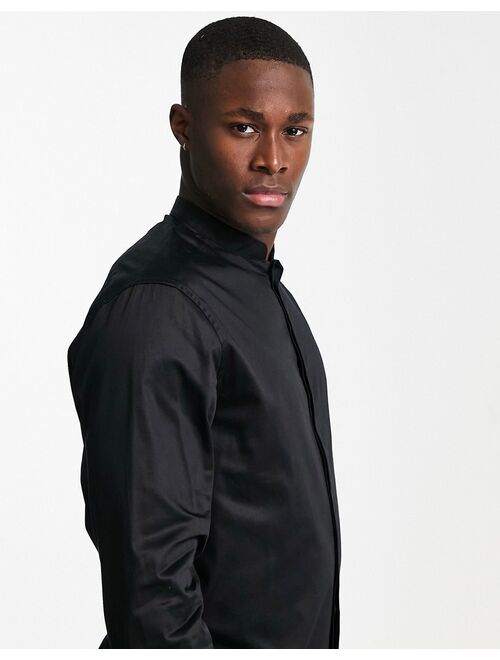 Asos Design Premium slim fit sateen shirt with mandarin collar in black