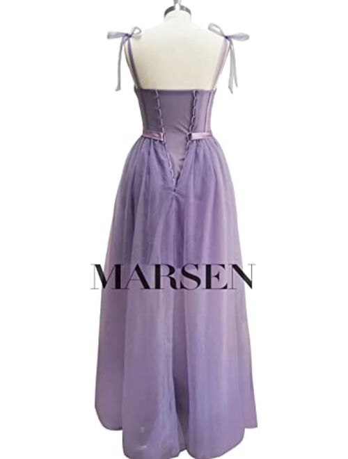 Marsen Spaghetti Straps Tulle Prom Dress Long Split Sweetheart Puffy Ball Gown A Line Formal Evening Party Gowns