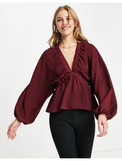 long sleeve kimono blouse with elastic detail in wine