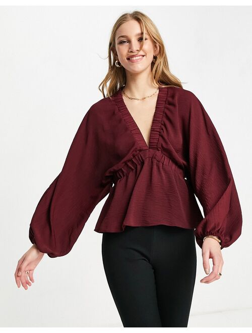 Asos Design long sleeve kimono blouse with elastic detail in wine