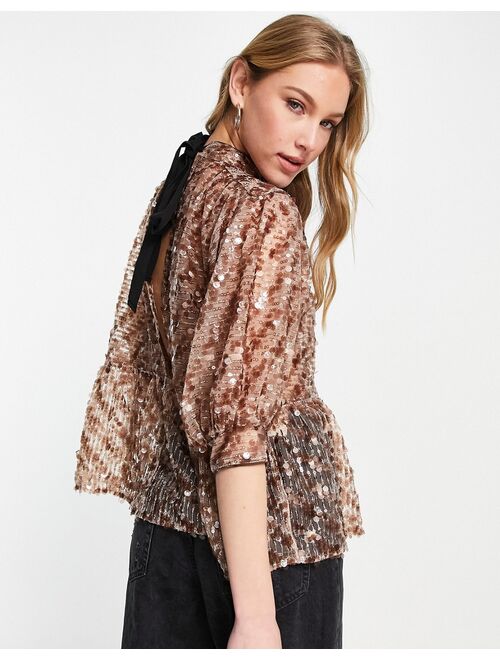 Asos Design high neck peplum top in champagne sequin