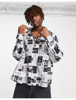 boxy oversized shirt in all over newspaper print