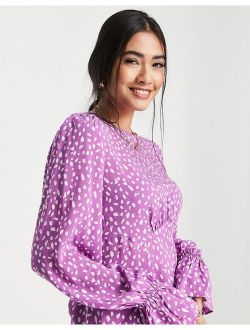 puff sleeve blouse in purple spot print