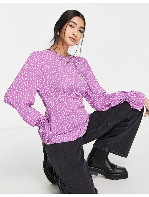 River Island puff sleeve blouse in purple spot print